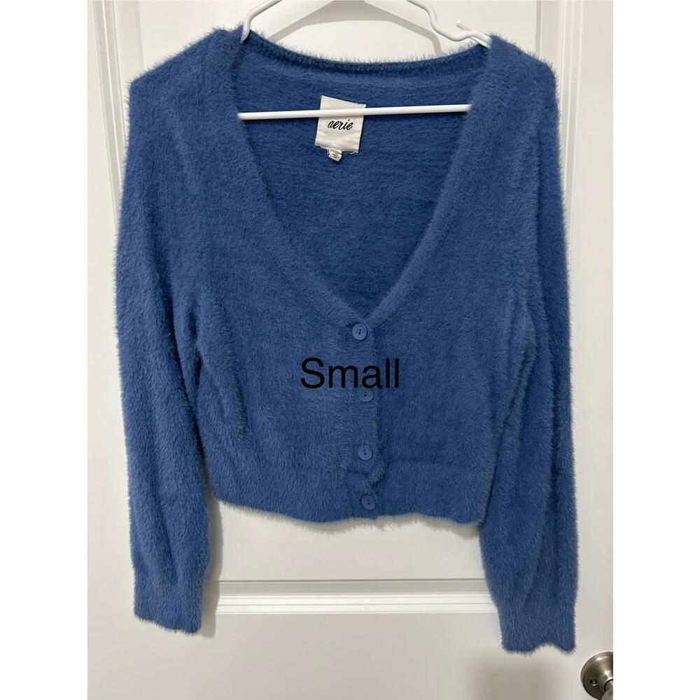 Aerie Blue Fuzzy V-Neck‎ Button-Up Sweater Small